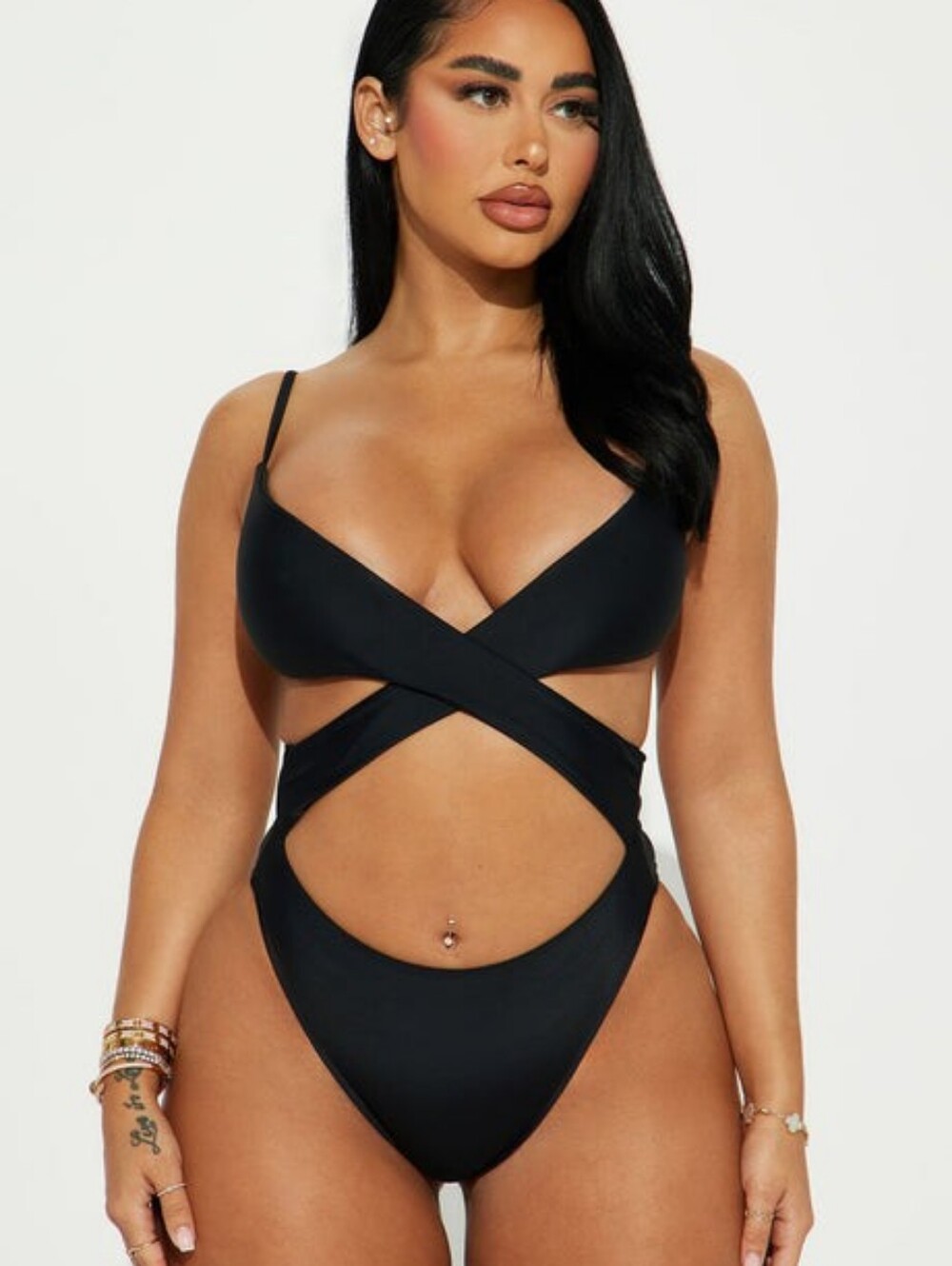 Fashion Nova Brand New One Piece Bathing Suit XS Black Cutout Criss Cross NWT